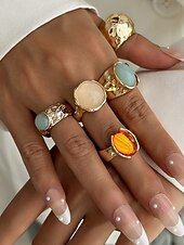 billige Kvinneringer-Damesett med vintage edelstener i gull – sett med flere statement-ringer med klumpete tekstur og fargerike harpiks-edelstener, egnet for kontor, vintage-mote, fest og hverdagsstil