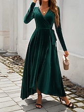 abordables Robe blanche-Femmes Robe maxi Robe Portefeuille Robe trapèze Occasionnel Quotidien Coupe régulière Uni manche longue Col en V Noir Rouge Vert Automne Hiver