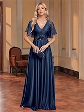 preiswerte BLAU-A-Linie Quinceanera Kleider Elegantes Kleid Formelle Hochzeit Bodenlang Kurzarm V-Ausschnitt Chiffon mit Falten