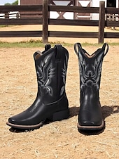 abordables Cowboy et bottes occidentales-bottes de cowboy mi-mollet brodées pour femmes, bottes western en similicuir pour les travaux agricoles, les célébrations des récoltes et les événements rustiques en plein air
