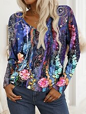 abordables T-shirt floral-Femmes T-shirt Fleuri Graphique Plantes ancien Élégant Occasionnel manche longue Col en V Hauts Réguliers Quotidien Week-end Imprimé Rose Claire Bleu Orange Printemps Automne