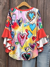cheap Art&amp;Design Tops-Women&#039;s Blouse Heart Graphic Bohemia Vintage Daily 3/4 Length Sleeve V Neck Regular Tops Daily Holiday Print Red Blue Purple Green Summer Spring Fall