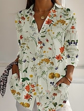 voordelige Bloemen tops-Dames Overhemd Bloemig Actief Dagelijks Stijlvol Lange mouw Overhemdkraag Normale tops Dagelijks Feestdagen Knop Afdrukken Wit Blozend Roze Marineblauw blauw Groen Lente Herfst