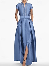 economico BLU-Abito da sera A-Line elegante abito formale per matrimonio lunghezza al pavimento maniche corte colletto camicia in satin con pieghe e cristalli tasche laterali
