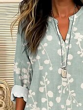 levne Květinové topy-Dámské Halenka Grafika S lístky Lístky Elegantní stylové Na běžné nošení Dlouhý rukáv Do V Běžné topy Denní Dovolená Tisk Světle zelená Léto Jaro