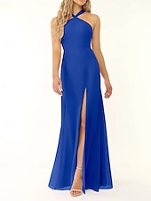 baratos Vestidos para Madrinhas-Vestido de dama de honra sereia/trompete, decote halter, sem mangas, elegante, longo, chiffon, com fenda frontal 2025