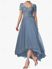 levne Délka podlahy-A-line šaty pro matku nevěsty elegantní V výstřih asymetrický chiffon krátký rukáv s jednobarevným provedením