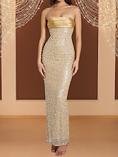 ieftine șampanie-Rochie de seară elegantă din paiete aurii rochie sirenă/trumpetă formală semiformalsă lungime la podea rochie maxi fără mâneci fără bretele pliuri din satin cu perle brodate
