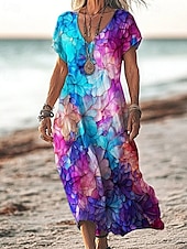 abordables Robes fleuries décontractées-Femmes Robe Longue Maxi Robe Robe Décontractée Robe d&#039;été Mode Extérieur Soirée Fête Coupe régulière Fleur Manche Courte Col en V Jaune Bleu Violet Marron Été