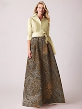 cheap Cocktail Dresses-Jacquard Brocade Floral A-Line Cocktail Dresses Elegant Dress Formal Wedding Floor Length Long Sleeve Shirt Collar Detachable Nylon