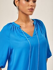 abordables Blouses &amp; Shirts-Blue Chiffon Ruched Vacation Top