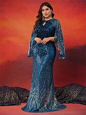 abordables BLEU-Robe Sirène  Trompette Grande Taille Élégante Robe Courbée Formelle Mariage Longue Traîne Manches Longues Col Arrondi en Polyester avec Fente 2025