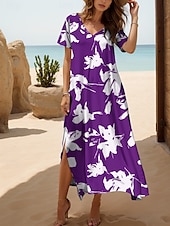 abordables Robes fleuries-Femmes Robe maxi Robe Décontractée Robe d&#039;Été Robe trapèze Vacances Occasionnel Plage Coupe régulière Fleuri Graphique Manche Courte Col en V Noir Blanche Rouge Bleu Été Printemps