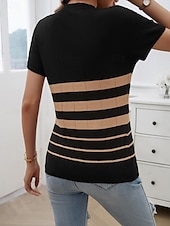 billige Grafiske mønstre og detaljer-Dame Bluse Stripet Stilfull Fritid Kortermet Crew-hals Vanlige topper Daglig Lapper Svart Hvit Brun Kakifarget Sommer