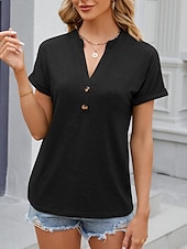 ieftine tricou simplu-Pentru femei Tricou Simplu Modă Stilat Clasic Manșon scurt În V Topuri obișnuite Zilnic Sfârșit de săptămână Nasturi Negru Alb Albastru piscină Trifoi Vară
