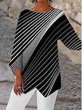 billige Kvinne Striper &amp; Geometriske Topper-Dame Bluse Stripet Daglig Stilfull Langermet Crew-hals Vanlige topper Daglig Ferie Trykt mønster Asymetrisk kant Svart Sommer Vår