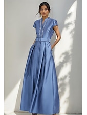 economico BLU-Abito da sera A-Line elegante abito formale per matrimonio lunghezza al pavimento maniche corte colletto camicia in satin con pieghe e cristalli tasche laterali