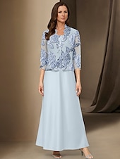 preiswerte Mit Jacke-A-Linie 3-teiliges Mutter der Braut Kleid Elegant Einfach Leger Boot-Ausschnitt Knöchellang Chiffon Langarm mit Spitze