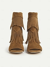 billiga Kvinnor-Bruna damsandaler med mockafransar och blockklack – bohemiska stövlar med öppen tå i västerländsk stil för musikfestivaler, sommarkläder och vardagskläder