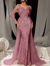 cheap Evening Dresses-Brown Mermaid / Trumpet Evening Gown Elegant Dresse Embroidered Lace Applique Formal Wedding Floor Length Long Sleeve Crew Neck Tulle with Sequin Skirt