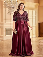 economico ROSSO-A-Line Taglie Forti Abiti Elegante Curve Abito Formale Matrimonio Lunghezza Piena Manica Mezza V Collo Poliestere con Pieghe 2025