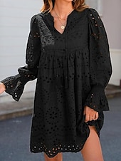 abordables Robes en dentelle blanche-Femmes Mini Robe Robe Décontractée robe ajourée Classique Moderne Quotidien Fête Sortir Coupe régulière Uni manche longue Col en V Noir Blanche Rose Claire Été