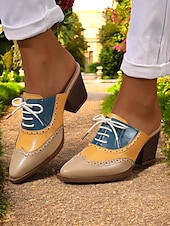 abordables Années 1950-Mules à talons Oxford colorblock pour femmes – chaussures brogues rétro à bout golf pour les amatrices de vintage, les tenues de bureau et les sorties décontractées