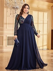 cheap BLUE-A-Line Plus Size Dresses Elegant Curve Dress Formal Wedding Floor Length Long Sleeve V Neck Chiffon with Sequin