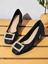 Недорогие Block Heels-женские бежевые туфли на плоской подошве с квадратным носком и жемчужной пряжкой, туфли из искусственной ткани на низком каблуке для элегантных повседневных образов и ежедневных свиданий