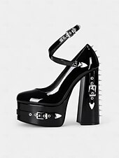 abordables Années 1980-Femmes Chaussures à Talons Soirée Rivet Boucle Plateau Talon Bloc Bout Rond Punk PU Boucle Noir