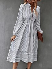 ieftine Rochie cu dungi și geometrică-Pentru femei Rochii Midi Rochie A line Casual Zilnic Potrivire Largă Dungi Manșon Lung În V Negru Albastru piscină Trifoi Primăvară Toamnă