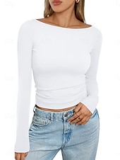 abordables T-shirt uni-Femmes Hauts moulants Couleur Unie Élégant Occasionnel Y2K manche longue Col ras du cou Hauts courts Quotidien Fête Sortir Noir Blanche Rose Claire Marron Été Printemps