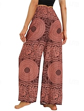 baratos perna larga e cintura alta-Mulheres Perna larga Calças Casual Boho Comprimento total Cintura Alta Imprimir Bolsos Design de cordão elástico Respirabilidade Macio Micro-Elástica Férias Rua Roupa Diária Vermelho Verde Verão