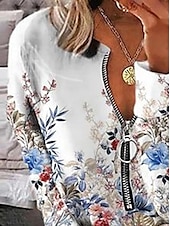 billiga Boho-toppar-Dam Blus Blommig Dagligen Stylish Långärmad Rund hals Vanliga toppar Dagligen Utekväll Mönster Fjärdedels blixtlås Vit Vår Höst