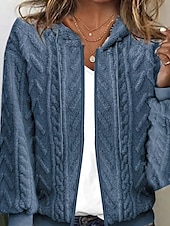 preiswerte Freizeitjacken-Damen Strickjacke Lässig Einfarbig Grobstrick Mit Kapuze Reißverschluss Gestrickt Langarm Normale Oberteile Stricken Ferien Ausgehen Blau Herbst Winter