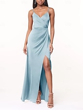 cheap Bridesmaid Dresses-A-Line Bridesmaid Dress V Neck / Spaghetti Strap Sleeveless Elegant Floor Length Charmeuse with Split Front / Ruching
