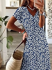 abordables Robes fleuries-Femmes Robe maxi Robe Décontractée Robe d&#039;Été Robe trapèze Élégant Vacances Occasionnel Fête Plage Coupe régulière Fleuri Graphique Manche Courte Col en V Blanche bleu marine Été Printemps