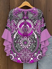 levne Dámské boho topy-Dámské Halenka Grafika Geometrický Elegantní Čechy Geleneksel 3/4 délka rukávu Do V Běžné topy Denní Dovolená Oblečení na dovolenou Volány Tisk Žlutá Světlá růžová Vodní modrá Fialová Trávová zelená