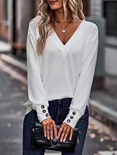 billige Plain t-skjorte-Dame Bluse Helfarge Stilfull Fritid Langermet V-hals Vanlige topper Daglig Knapper Svart Hvit Vin Militærgrønn Navyblå Sommer Vår