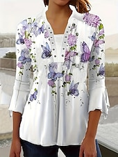 abordables Hauts Floraux-Femmes Chemisier Fleuri Graphique ancien Occasionnel Manche 3/4 Col de chemise Hauts Réguliers Quotidien Patchwork Imprimé Noir Blanche Bleu Violet Été Printemps