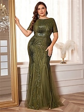 economico VERDE-Abiti da Mare  Tromba Taglia Plus Elegante Abito Curve Formale per Matrimonio Lunghezza Della Terra Manica Corto Collo A Giro Poliestere con Paillettes 2025