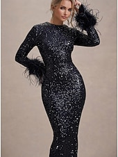 economico BLU-Abito da Sera Sirena  Tromba Elegante Abito Formal Semi Formale Gala Dress Matrimonio Lunghezza Piena Manica Lunga Collo Giro Stretch Paillettato con Maniche in Piuma