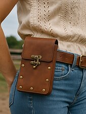 billiga Crossbodyväskor-Bohemisk westernmidjeväska i konstläder för kvinnor med vintagespänne, retro nitdetaljer och handsfree-telefonhållare, lämplig för festivaler, resor och dagligt utomhusbruk