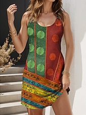 billige Boho-kjoler-Dame Mini kjole Solkjole Kjole med A-linje Sommerkjole Ferie Fritid Bohem Bryllup utendørs Hjem Normal Blomstret Grafisk Geometrisk Ermeløs U-hals Rød Sommer Vår
