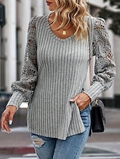 cheap Lace Tops-Women&#039;s Lace Splicing Top Solid Color Stylish Casual Long Sleeve V Neck Regular Tops Daily Lace Patchwork Gray Summer Spring