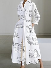 preiswerte Streifen- und geometrisches Kleid-Damen Maxikleid A Linie Kleid Lässig Outdoor Ausgehen Standard Passform Tupfen Langarm Umlegekragen Weiß+Schwarz Schwarz Weiß Sommer