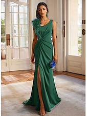 baratos AZUL-Vestido de noite elegante, verde e azul, coluna, formal, para convidados de casamento, longo, sem mangas, gola redonda, crepe elástico destacável, com penas e franzido, 2025