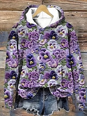 cheap Floral Tops-Women&#039;s Pullover Hoodie Sweatshirt Floral Graphic Elegant Warm Active Long Sleeve Hooded Regular Tops Street Dailywear Casual Print White Pink Purple Green Khaki Spring Fall Winter