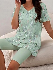 abordables Ensembles courts pour femmes-Femmes Mode Quotidien T-shirt Ensembles de Shorts Manche Courte Col en V Fleuri Graphique À pois Imprimé Quotidien Décontracté Quotidien Vert Claire Rose Claire Kaki Été Coupe régulière