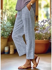 billige Straight-Leg Bukser-Dame kinesisk Rett Ferie Årgang Etnisk stil Full lengde Høy Midje Stripe Linjer / bølger Stripe Myk Utendørs Pustende Mikroelastisk utendørs Feriereise Avslappet Hvit Blå Lyseblå Høst Løstsittende